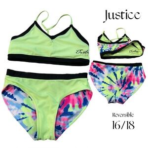 Justice REVERSIBLE Bikini Set - Neon and Tie-Dye hot pink green girls 18